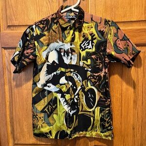 Drill Clothing Co Y2k Dirt Bike Graphic Print Button Up Shirt - Size 10/12